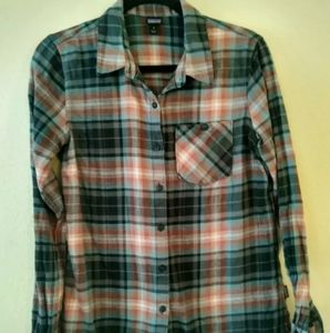 Patagonia Organic Cotton Flannel Plaid Shirt Women's Size 4 Green Orange White